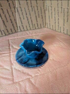 Blue Glass Ruffled Bowl on Matching Plate